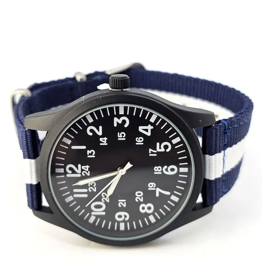 Men's Field Watch 42MM Black Case Black‎ Dial Blue White Canvas Band Straps
